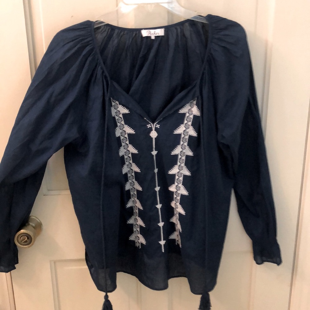Parker navy peasant blouse with white embroidery, size S, elastic at wrists.